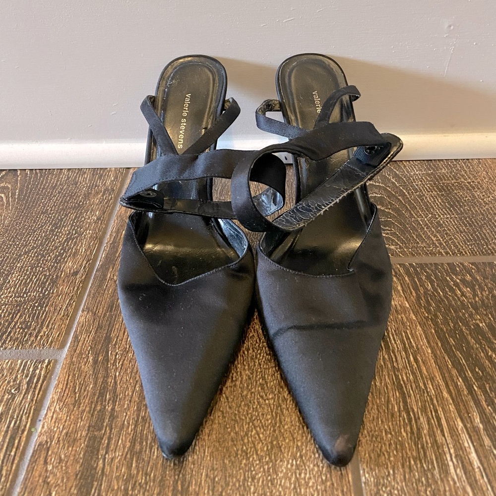 Valerie Stevens Desmond Sling Back Heels Black Satin Silver Rhinestones Size 7
